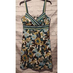 R&K Originals Womens 14 Midi Dress Green Blue Floral Cruise Wear Stretch NWOT